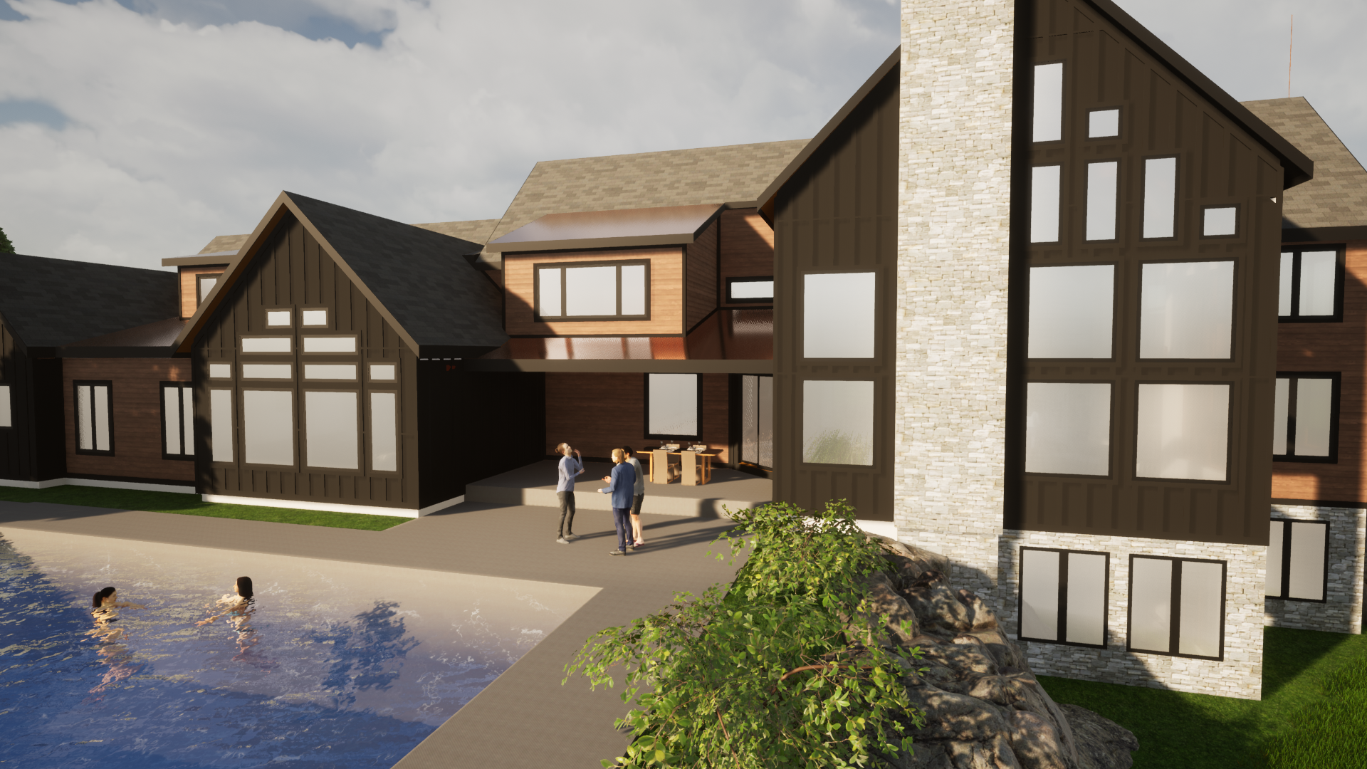 Architectural rendering of a modern house with a pool, outdoor seating area, and landscaped yard, with several people standing and talking.