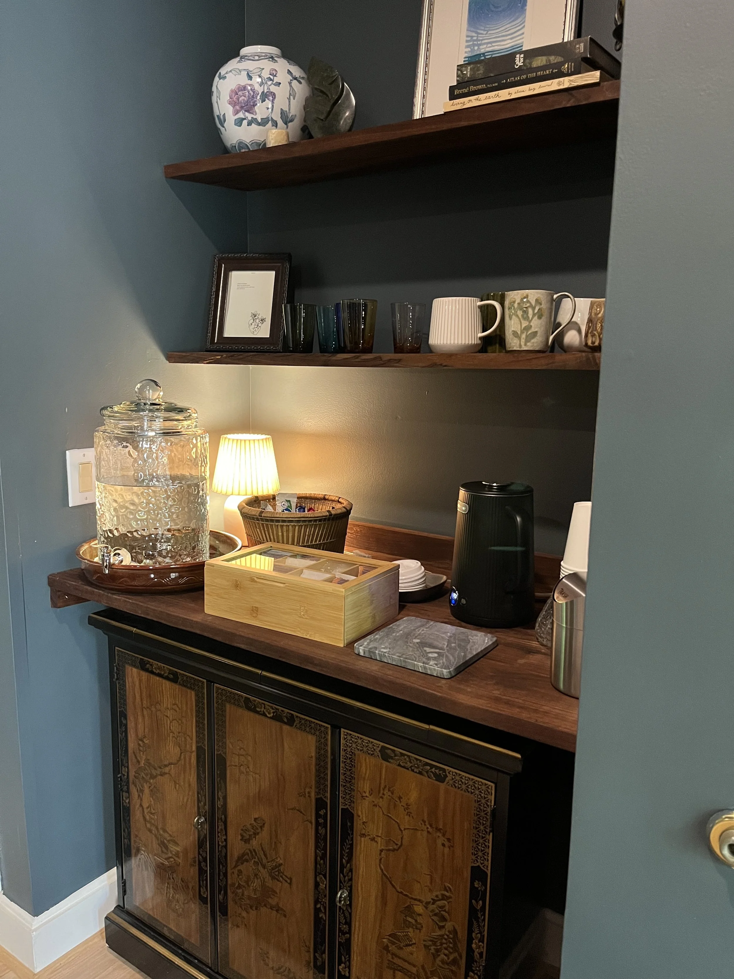 The snack and tea bar in the waiting area of Taproot Counseling in Chapel Hill NC.