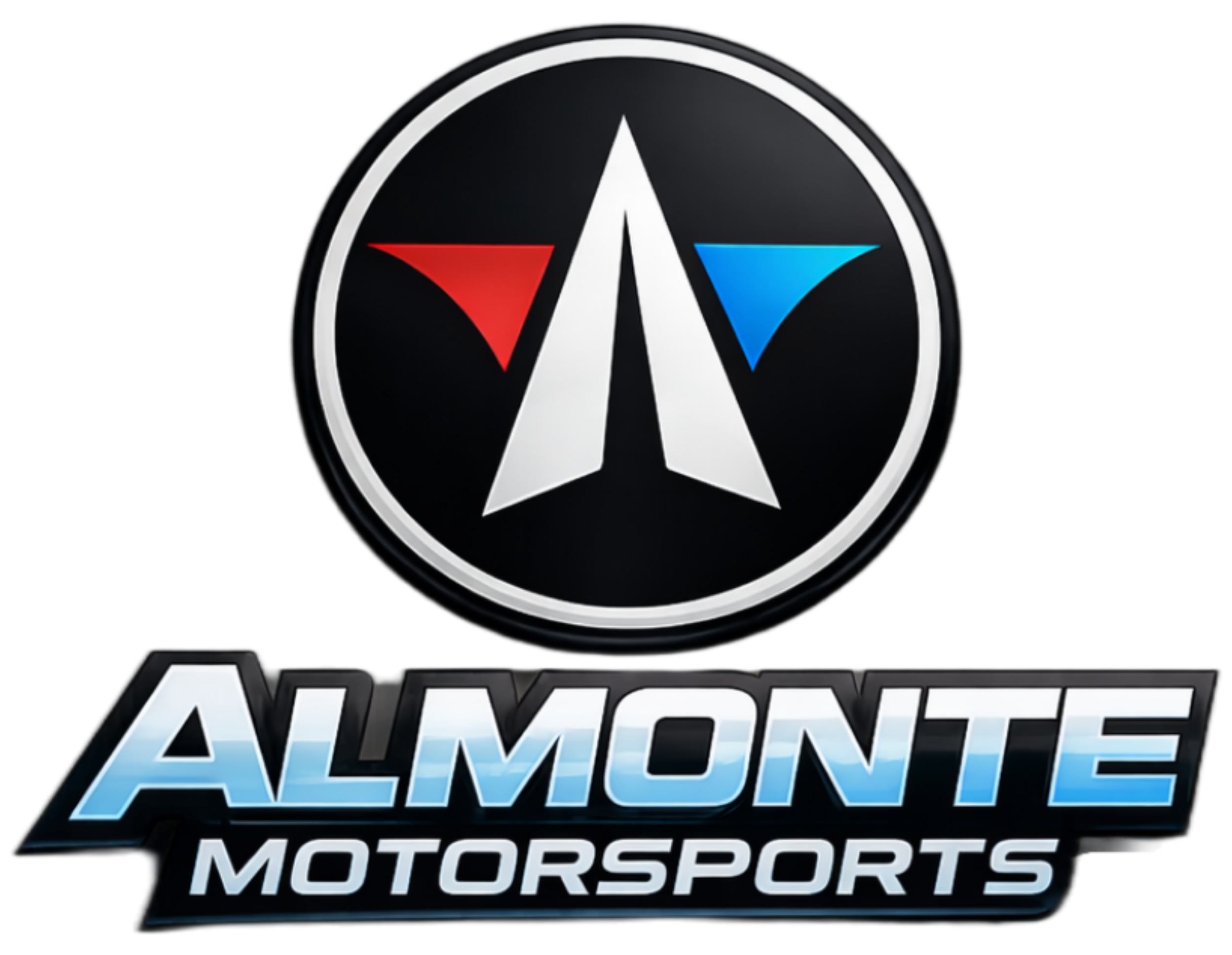 A circular logo with a black background, featuring a white stylized airplane shape in the center, and red and blue chevron shapes on either side. he text reads 'ALMONTE' in large, bold, gradient letters, with smaller text 'MOTORSPORTS' below.