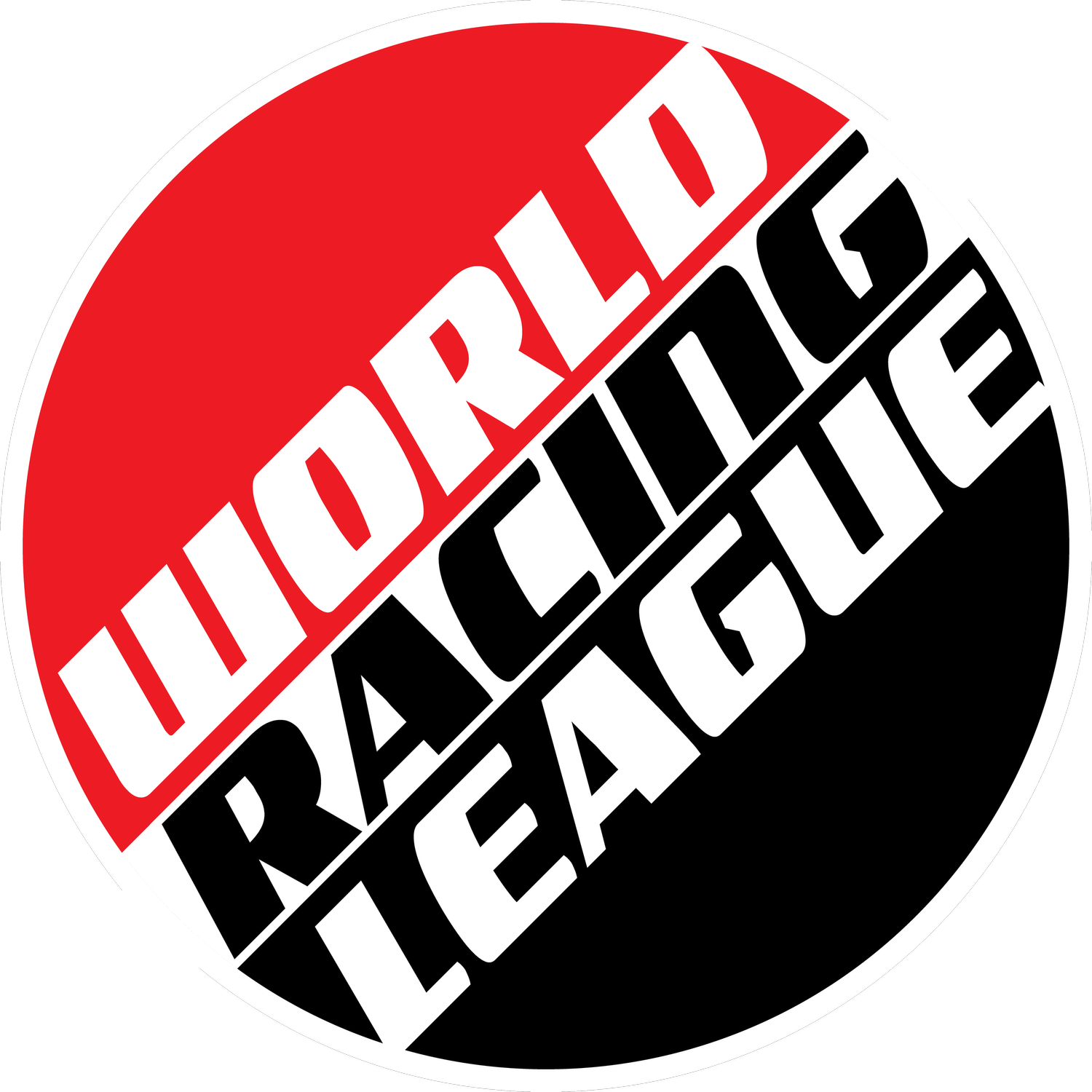 A circular sticker with a black background, divided diagonally into two halves. The top half is red with the words "World" and the bottom half is black with the words "Racing League." The words are written in large, white, bold, uppercase letters.