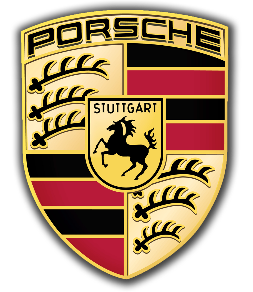 Porsche logo with a shield shape, featuring a black horse rearing on a yellow background in the center, the word "STUTTGART" above the horse, and a pattern of red and black stripes with stylized black and yellow antlers on the gold shield.
