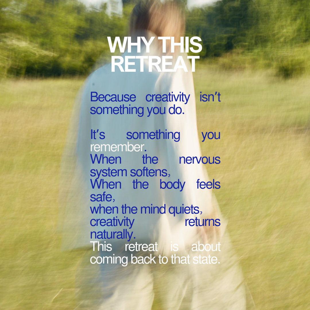 Text over a blurred outdoor background with a person in white clothing. The text discusses the benefits of a retreat for boosting creativity and emotional well-being.