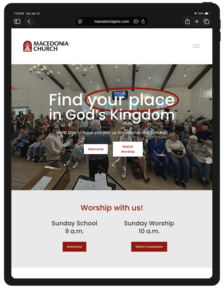 Screenshot of Macedonia Church's website showing a gathering of people in the church interior, with text promoting church services, including Sunday School at 9 a.m. and Sunday Worship at 10 a.m., and options to watch the service or get directions.