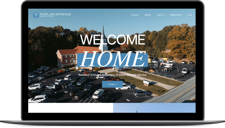 Screenshot of the homepage of Poplar Springs Baptist Church website, featuring a parking lot with cars, a church building with a steeple, and trees with fall foliage in the background. The page includes welcome messages and service times.