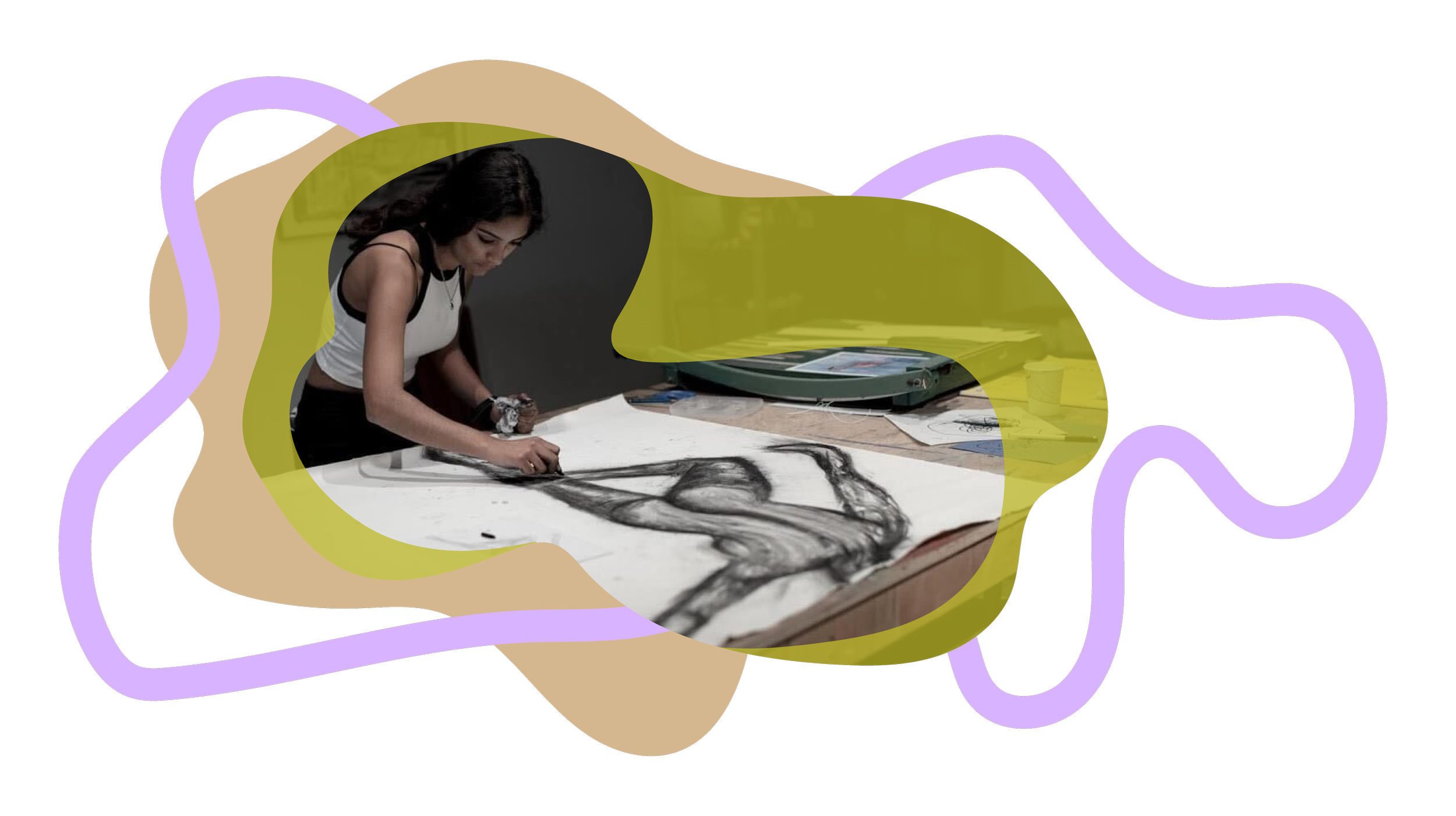 Example of BIPOC artist, woman working on a large drawing