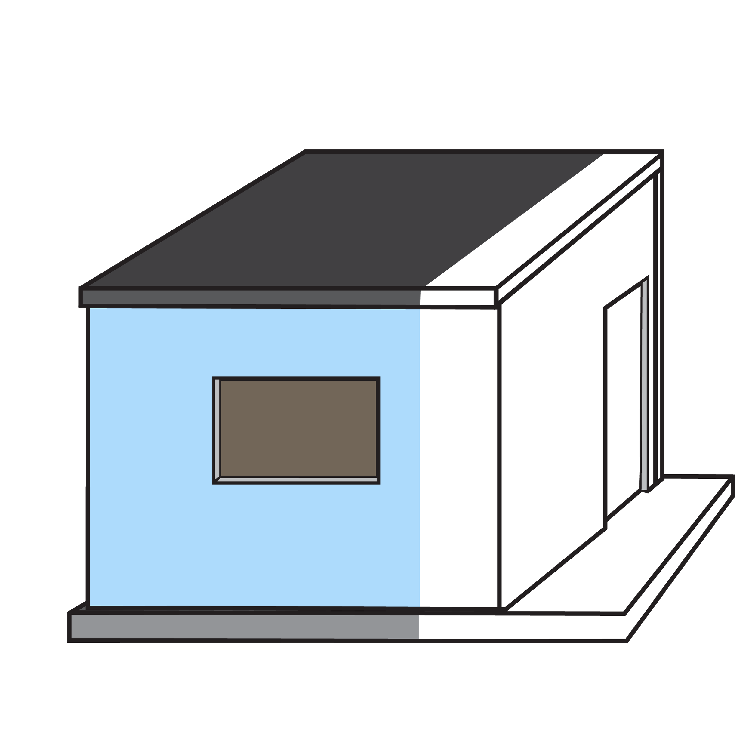 Isometric illustration of a small modern house with a black sloped roof, light blue left wall with a window, white right wall, and a small porch with steps.