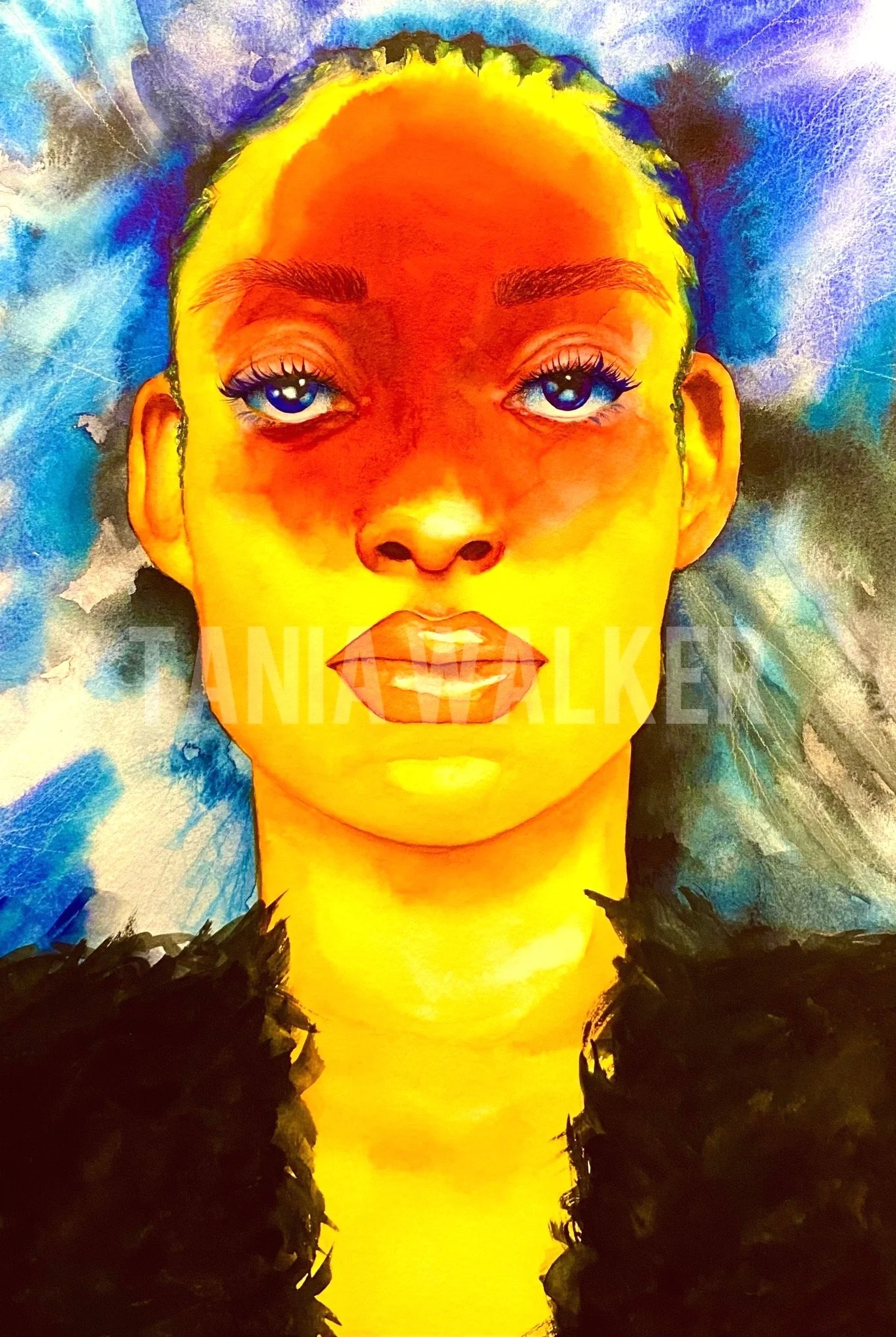 strength yellow woman blue hair background red circle primary colors abstraction watercolor