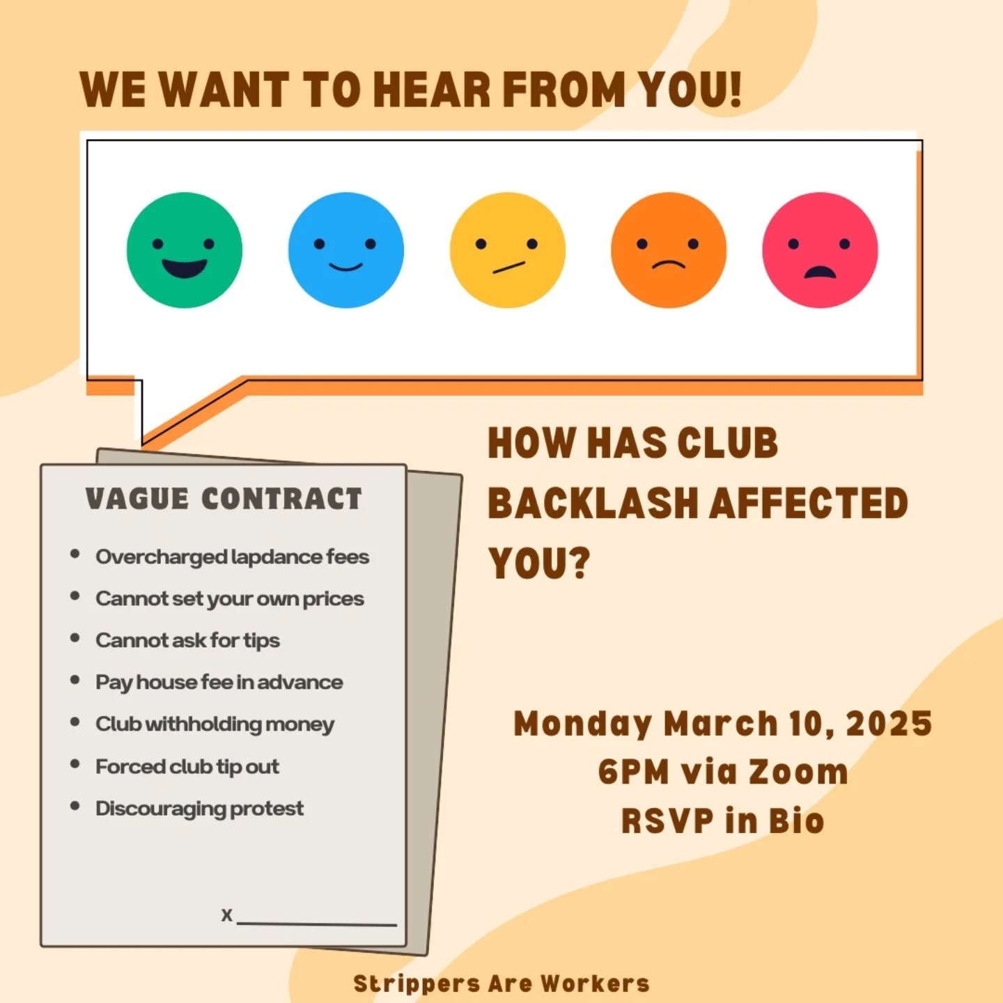Our next dancer meeting is next Monday March 10th at 6pm on Zoom! We want to hear what you've been experiencing in the clubs and how their backlash against the new law has been affecting you so we can figure out what changes to push for.

We'll be do