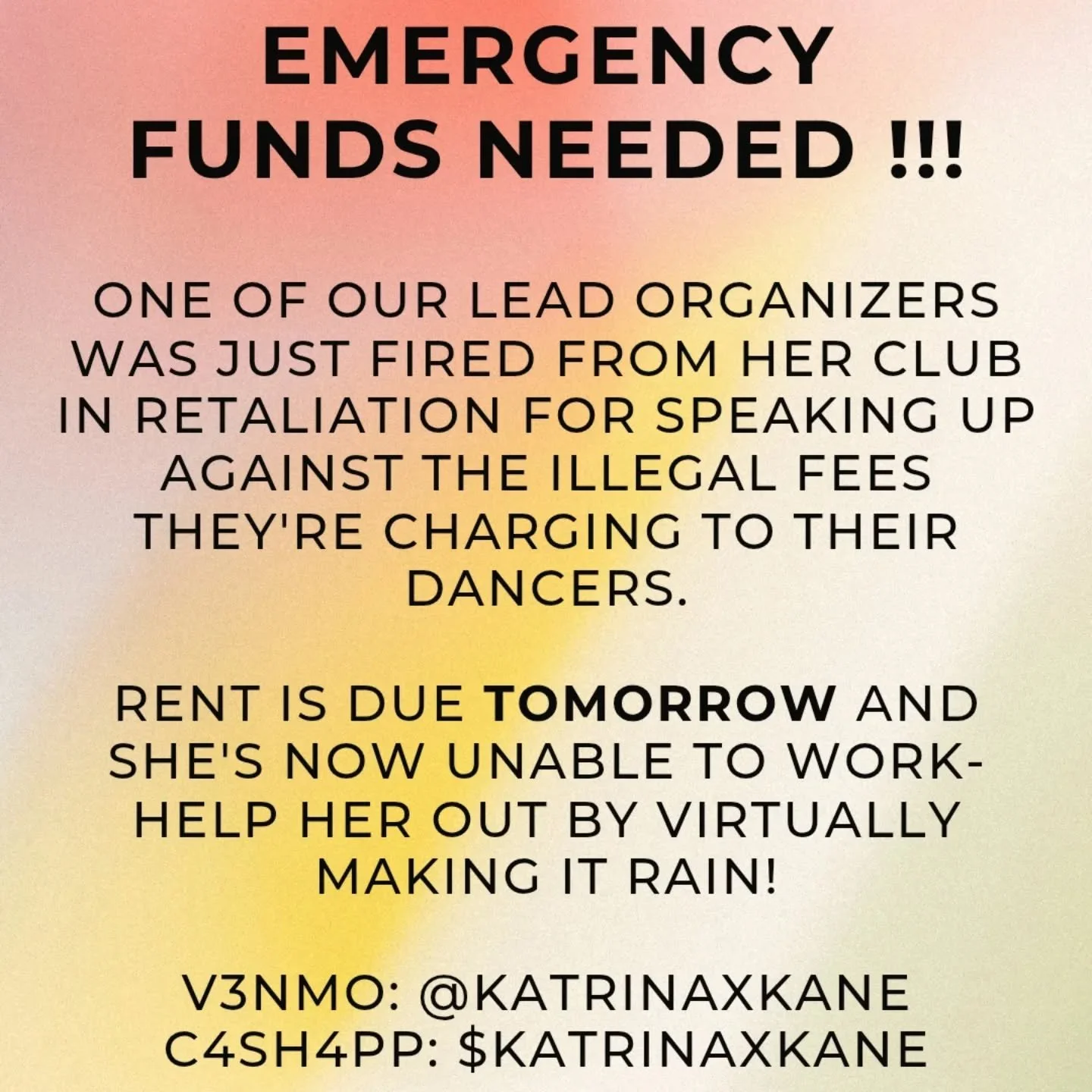 It finally happened. 😡 

For the first time since the Skrippa Bill of Rights was passed, one of our lead organizers was fired today from her club in a clear case of retaliation for being a SAW organizer, knowing her rights, and calling out the club 