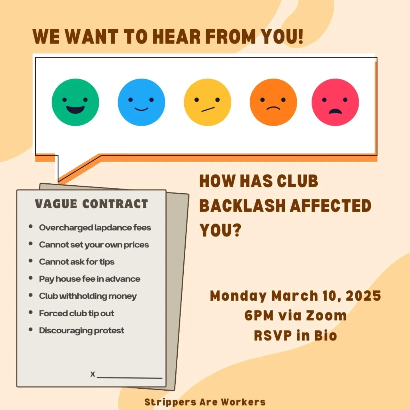 Our next dancer meeting is next Monday March 10th at 6pm on Zoom! We want to hear what you've been experiencing in the clubs and how their backlash against the new law has been affecting you so we can figure out what changes to push for.

We'll be do