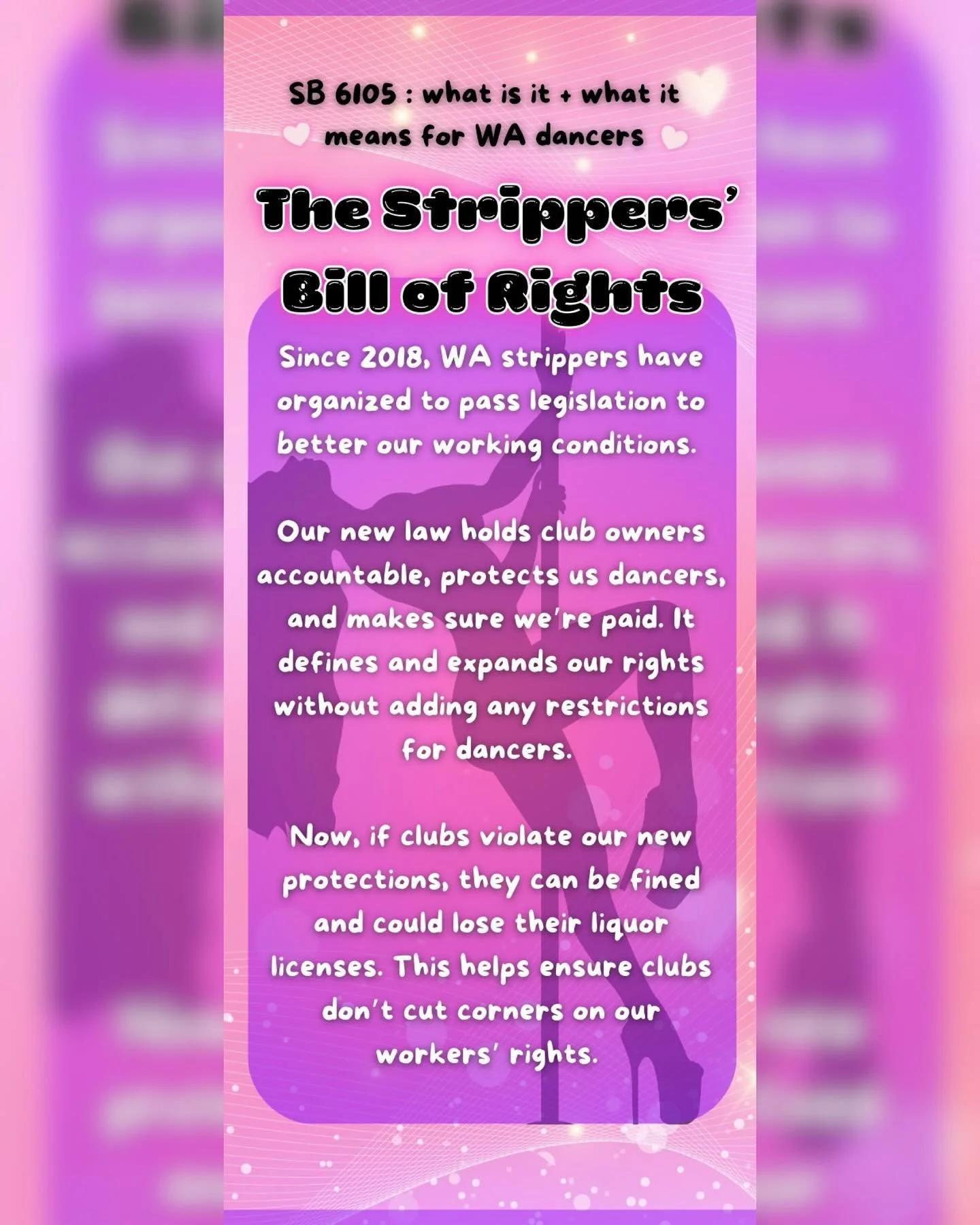 The Strippers&rsquo; Bill of Rights is now IN EFFECT!

✨To celebrate and give workers a heads up on their rights, SAW is visiting EVERY CLUB TONIGHT! We are bringing tips 💸 

Yesterday, January 1 2025 the law created by dancers to get fair pay and s
