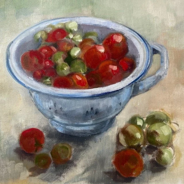 Garden tomatoes, oil on canvas 30 x 30cm, framed. Was £350 sale price £280