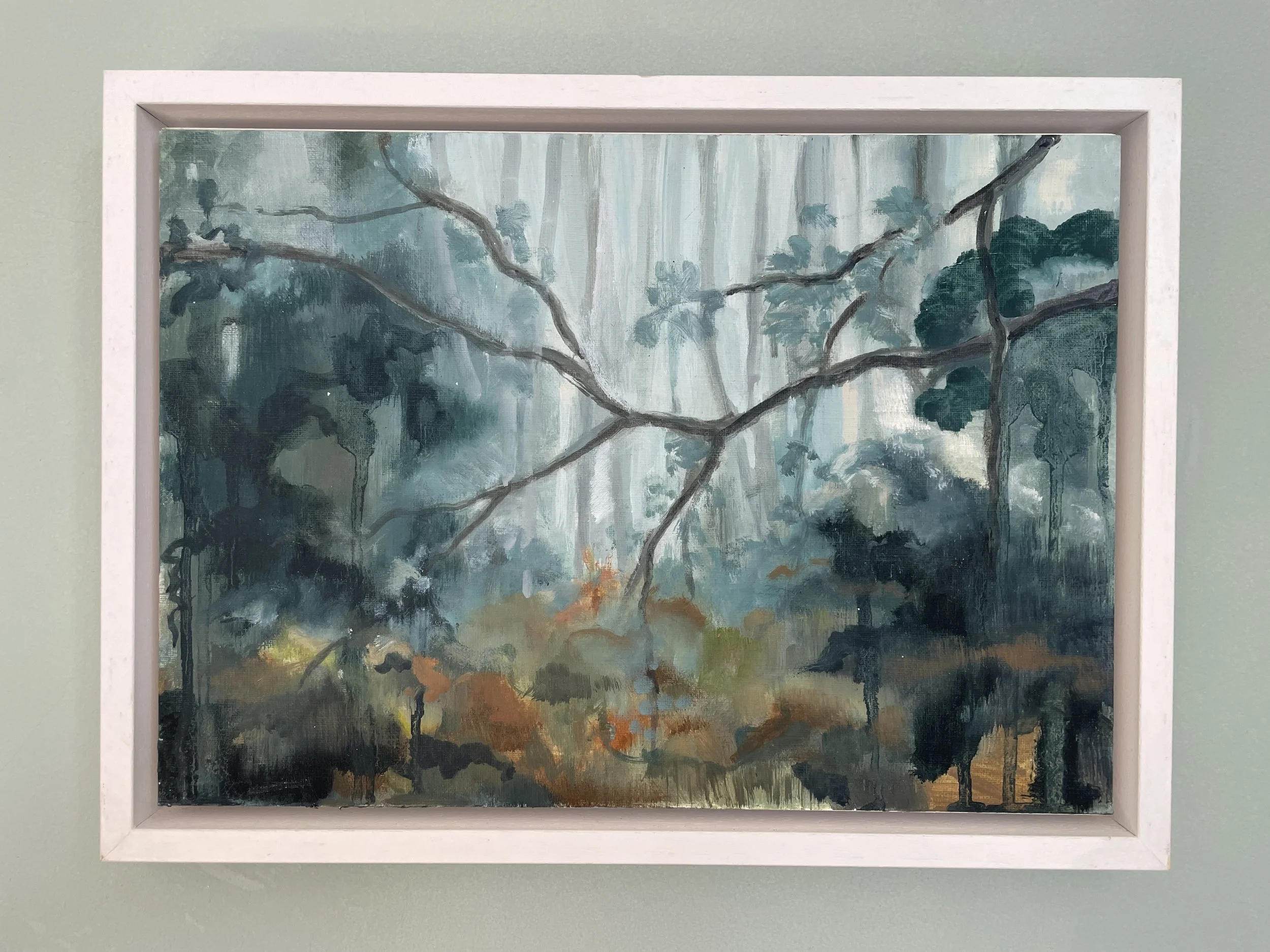 Firs in mist, oil on card framed 21x29cm was £350 sale price £230