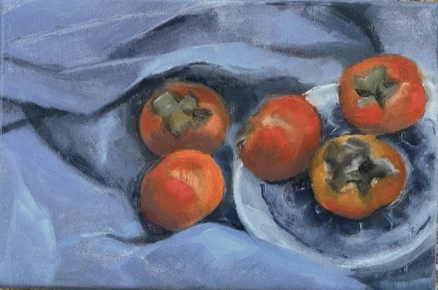 Persimmons, oil on canvas framed 20x35 was £380 sale price £220