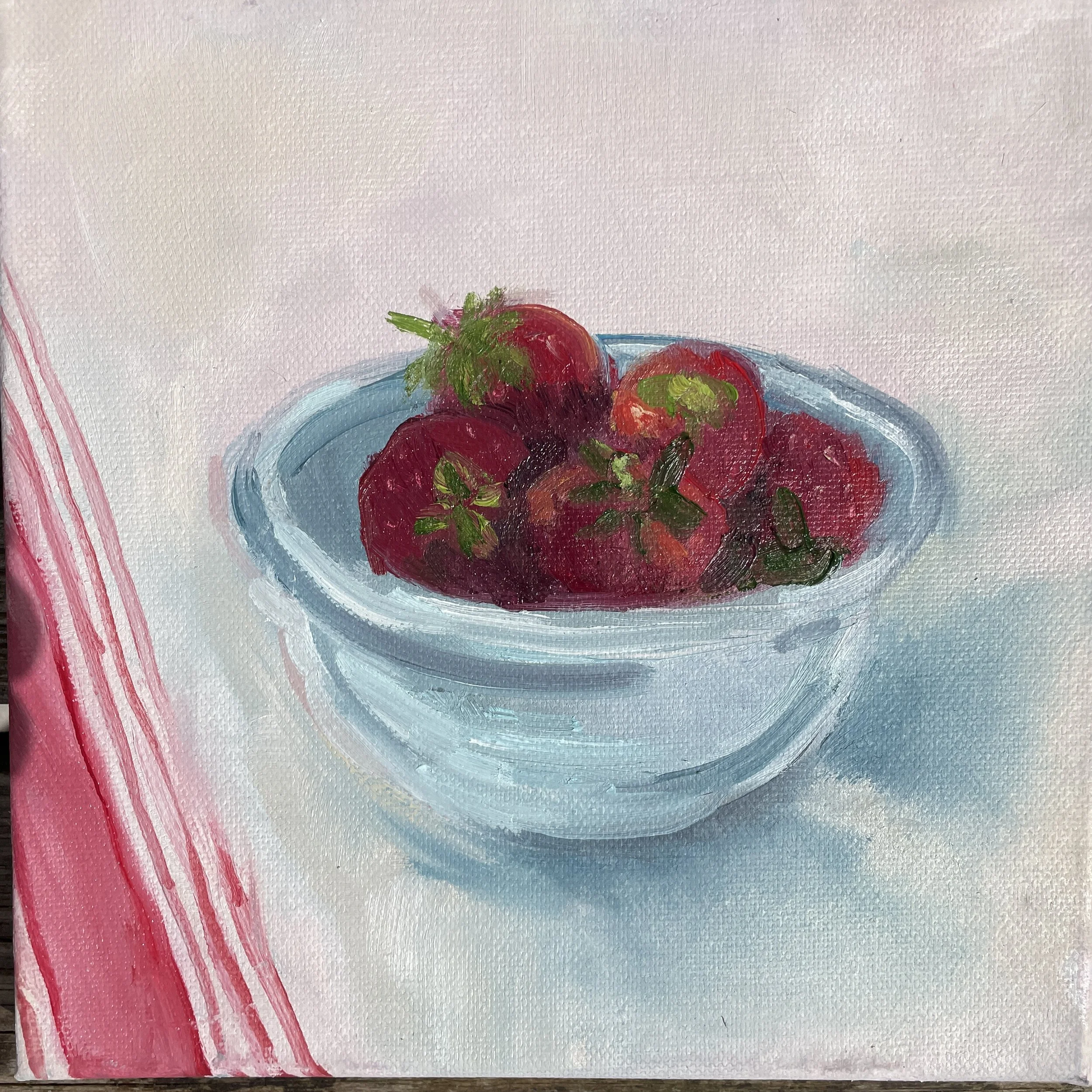 Strawberries in a duck egg bowl, oil on canvas 20x20cm