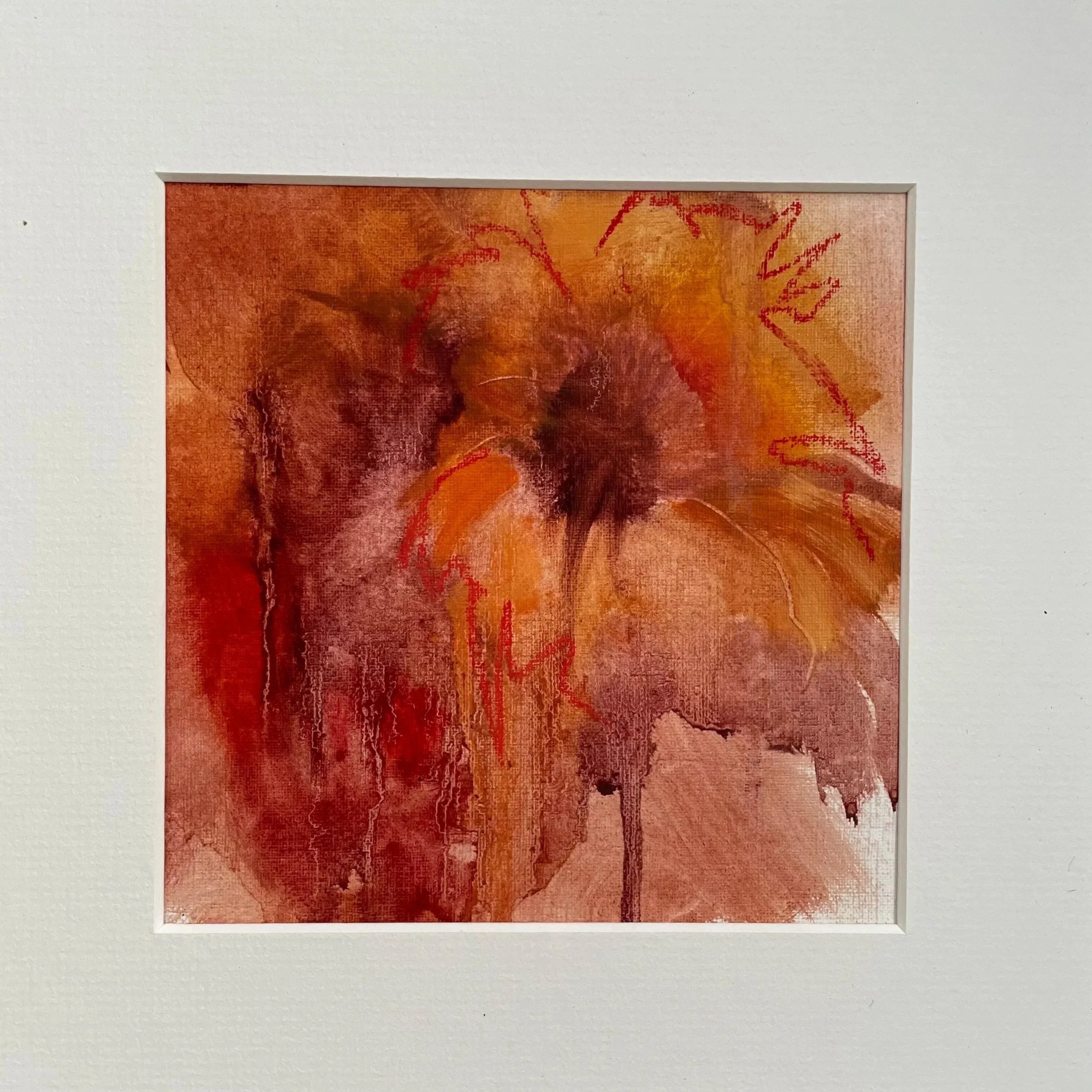 Vermilion flowers 1, oil on paper framed  20x20cm (was £100) now £50