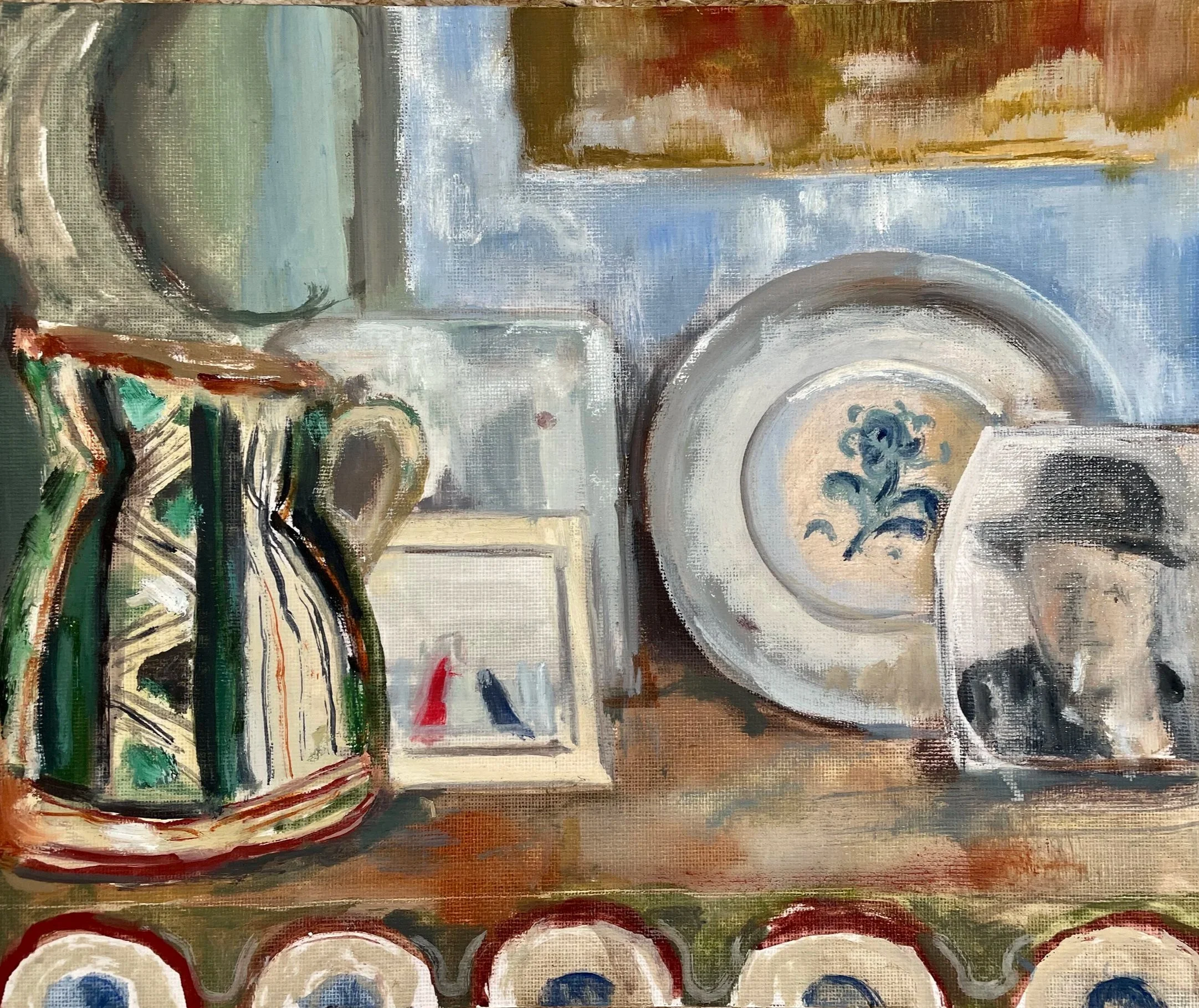 Green stripe jug, Charleston. Oil on board, framed in wide cream wood. 35x40cm