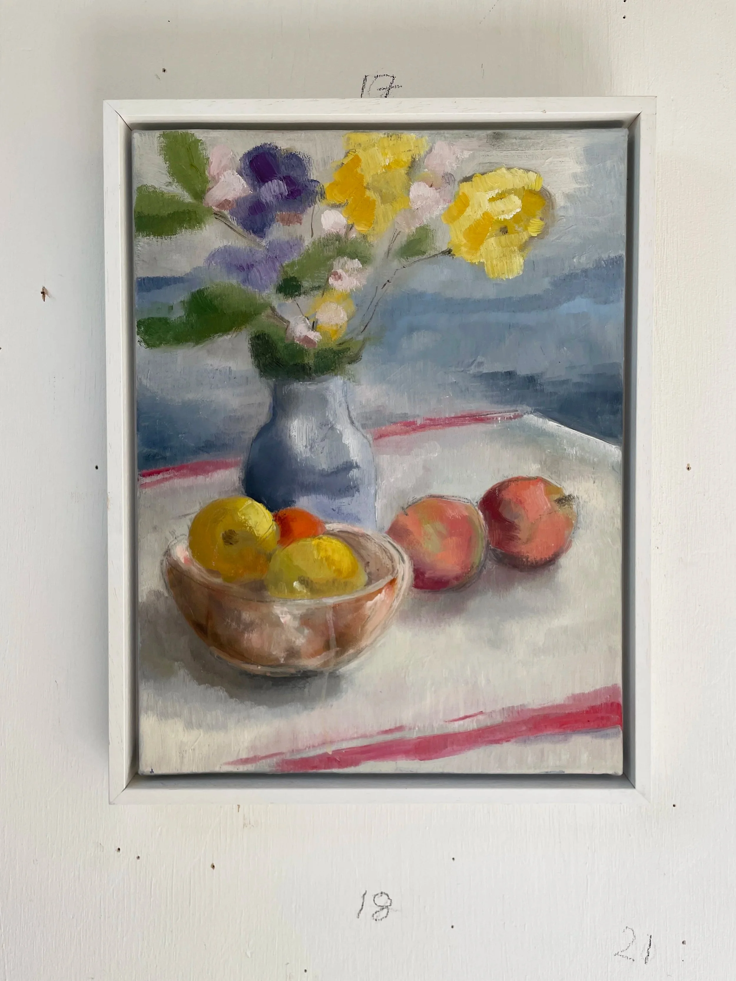 Spring flowers and a favourite bowl, oil on canvas 30x40cm framed was £390 sale price £230