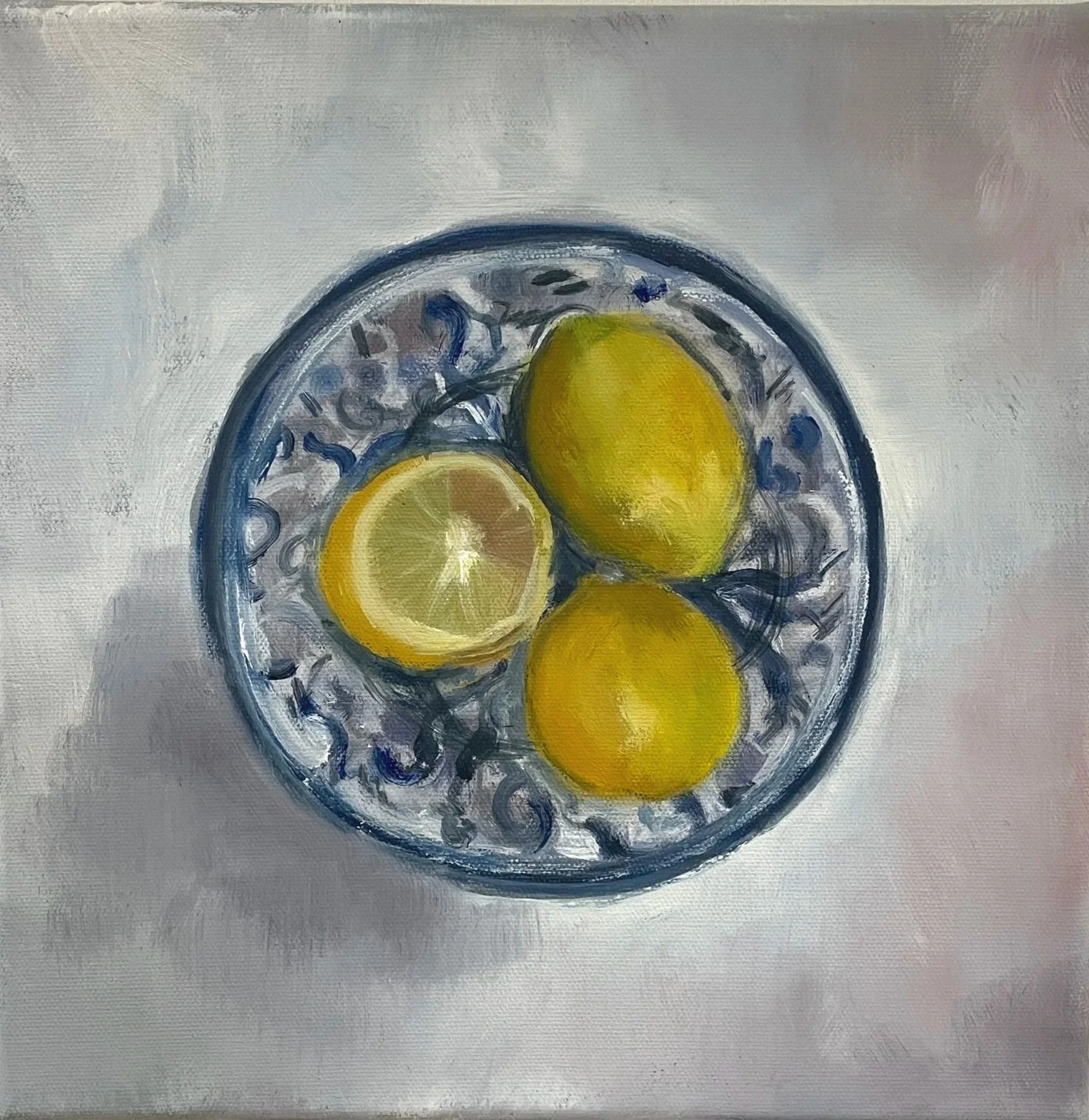 Lemons on a blue plate, oil on canvas 30 x 30cm, unframed. Was £300, now £190