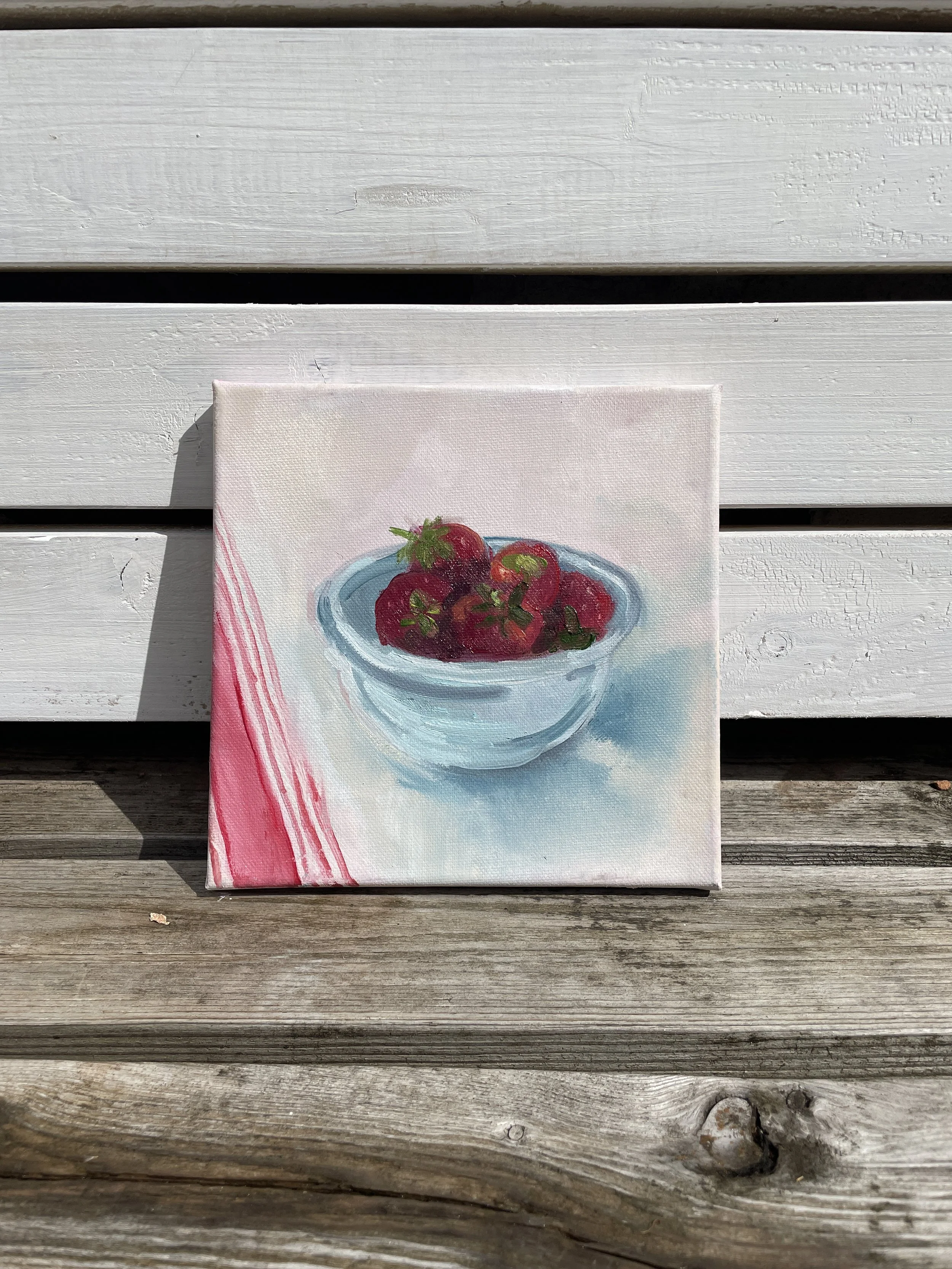 Strawberries in a duck egg bowl, oil on canvas 20x20cm