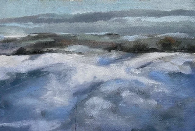 Snow at the hill fort, oil on khadi paper, backed and cello wrapped, 30 x 42cm, was £300, sale price £200