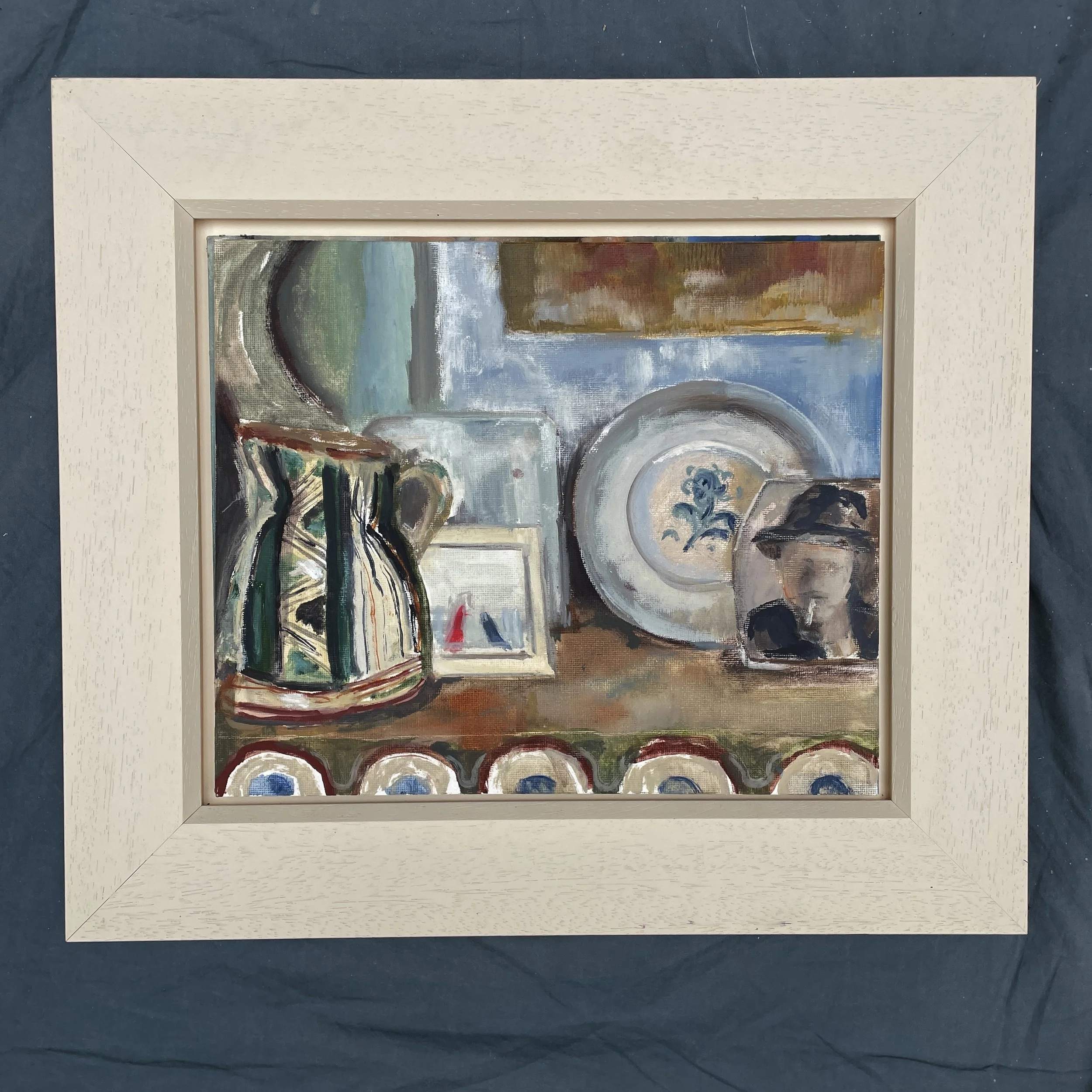 Green stripe jug, Charleston. Oil on board, framed in wide cream wood. 35x40cm