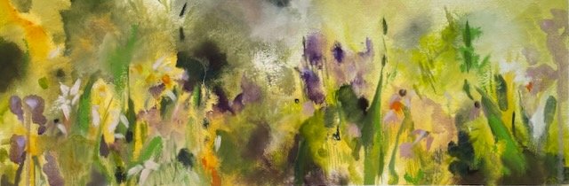 Walled garden, framed, oil on arches paper, 30x70cm