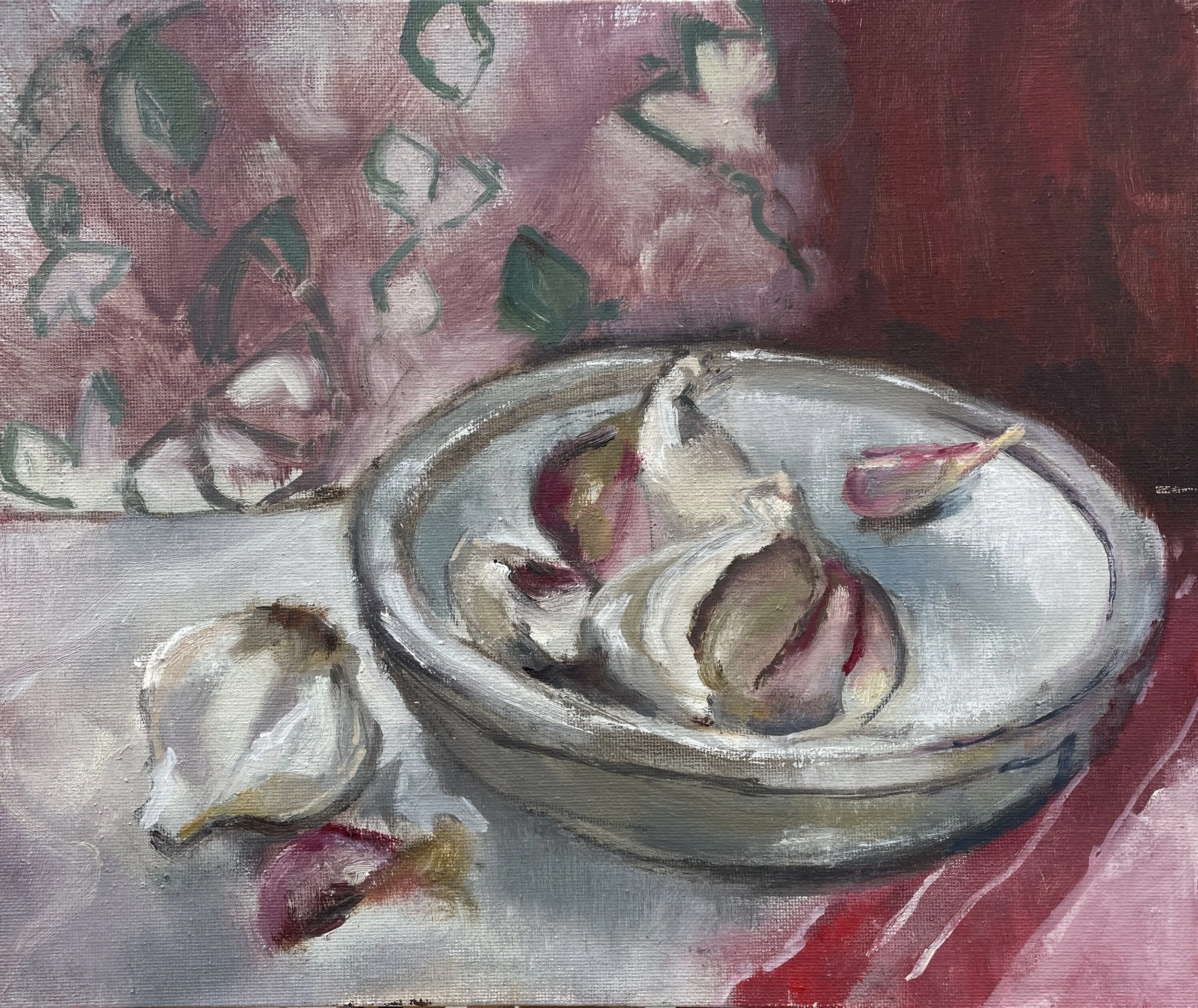 Garlic cloves and crimson, oil on board, 25x30cm