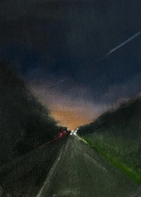Driving home 9, oil on board, 18x12cm, framed. Was £150, sale price £80