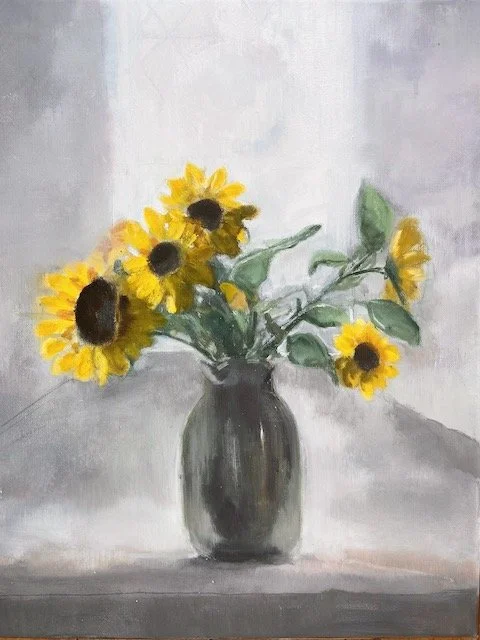 SOLD Sunflowers in Hamsey church, oil on canvas, 50x60 unframed. Was £590, sale price £350