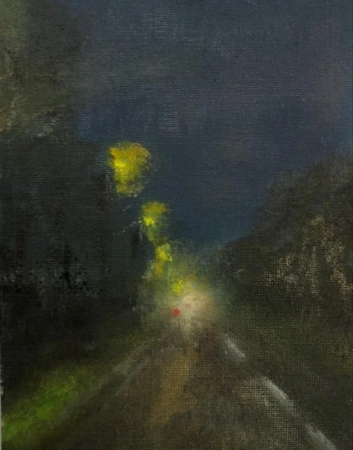 Driving home 5, oil on board, 18x12cm, framed. Was £150, sale price £80