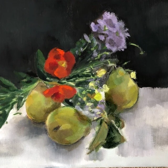Pears and Michaelmas daisies, oil on board 30x40cm framed was £400 sale price £220