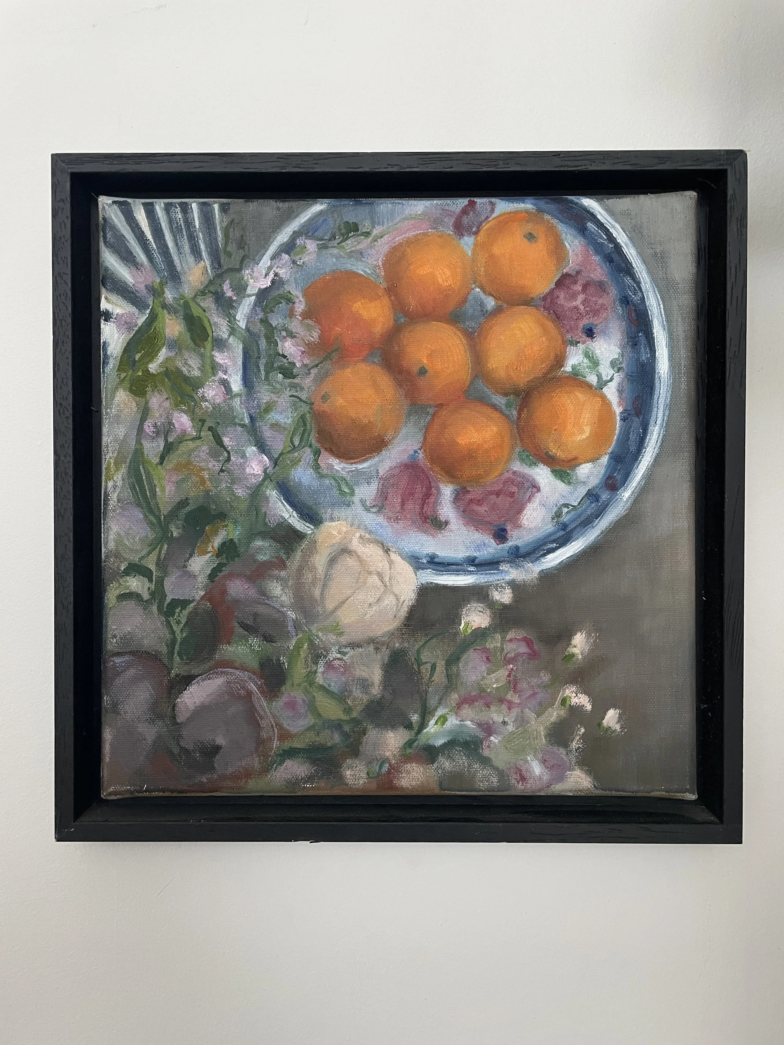 Clementines in the Moroccan bowl, oil on canvas, 30 x 30 framed, was £350, sale price £280