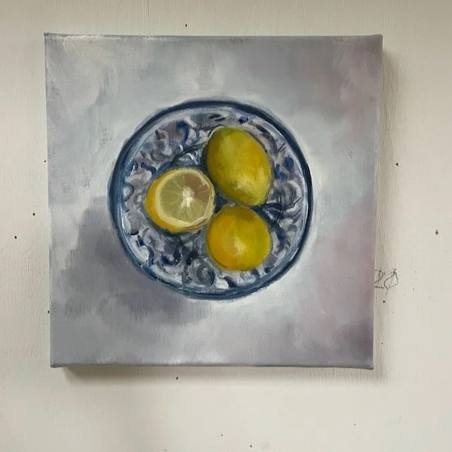 Lemons on a blue plate, oil on canvas 30 x 30cm, unframed. Was £300, now £190