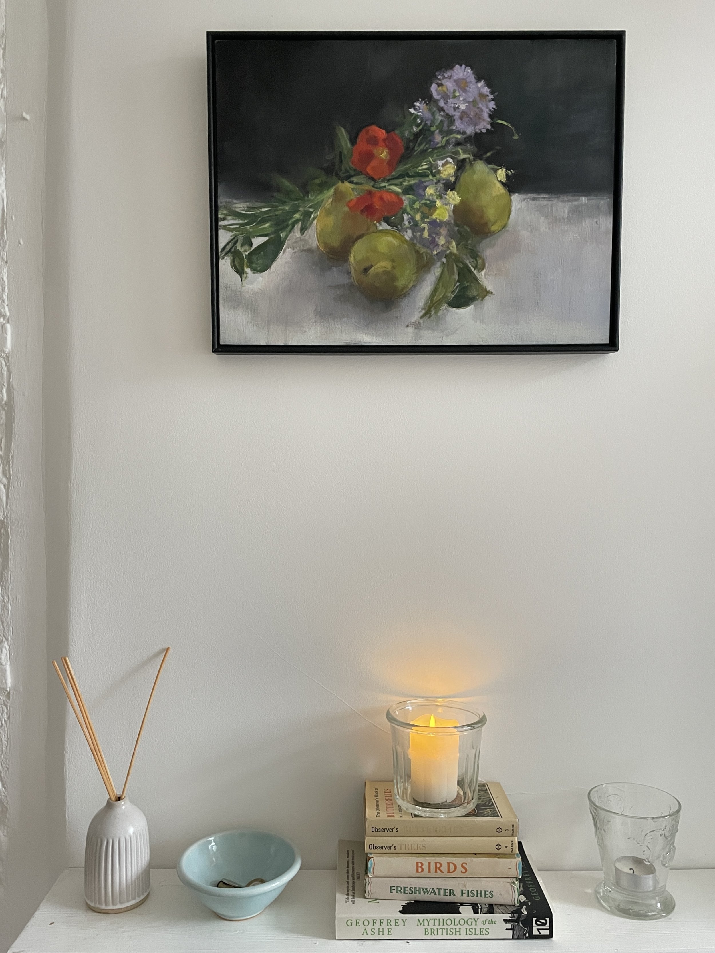 Pears and Michaelmas daisies, oil on board 30x40cm framed was £400 sale price £220