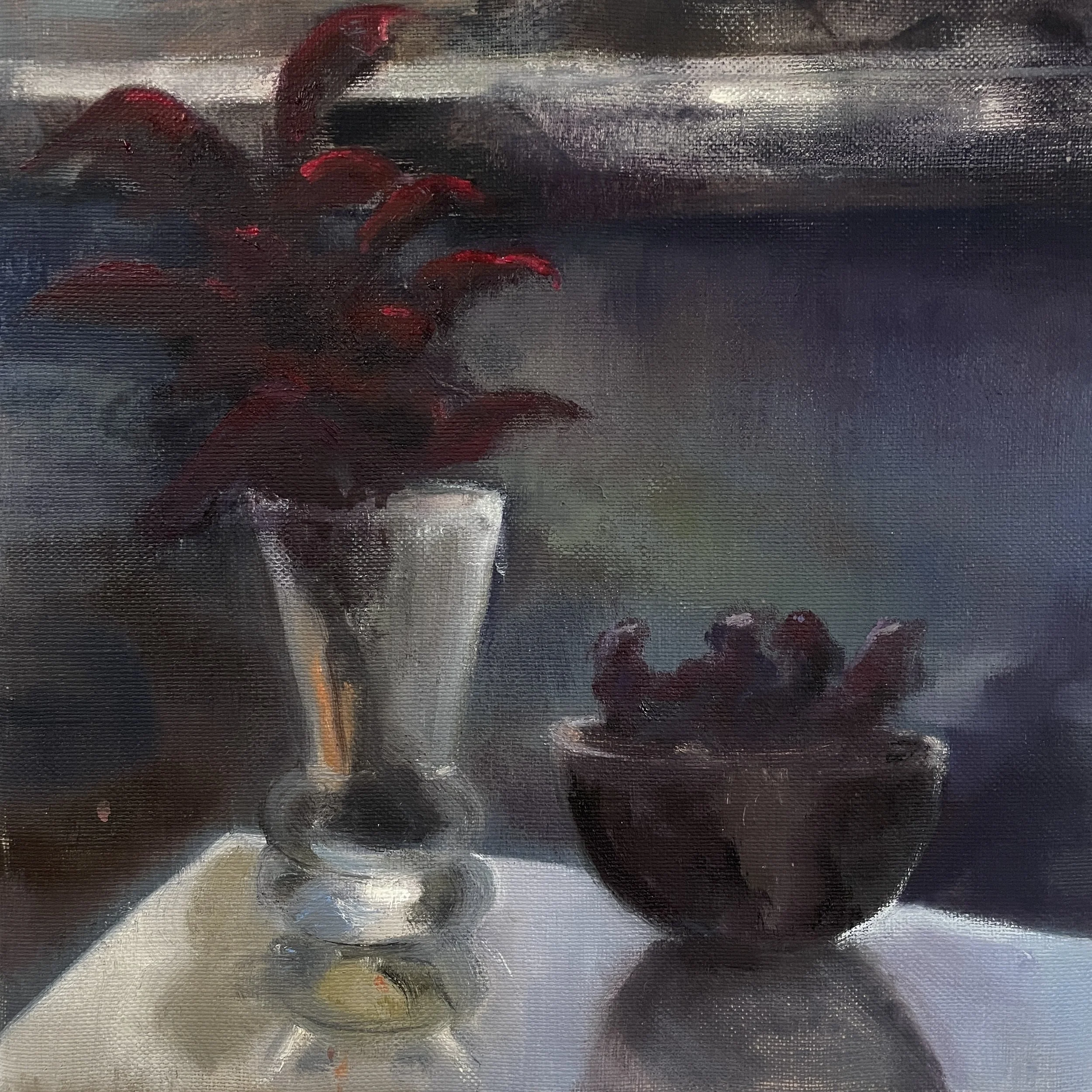 Nocturne with houseplants, oil on canvas 30 x 30cm, unframed. Was £350 sale price £280
