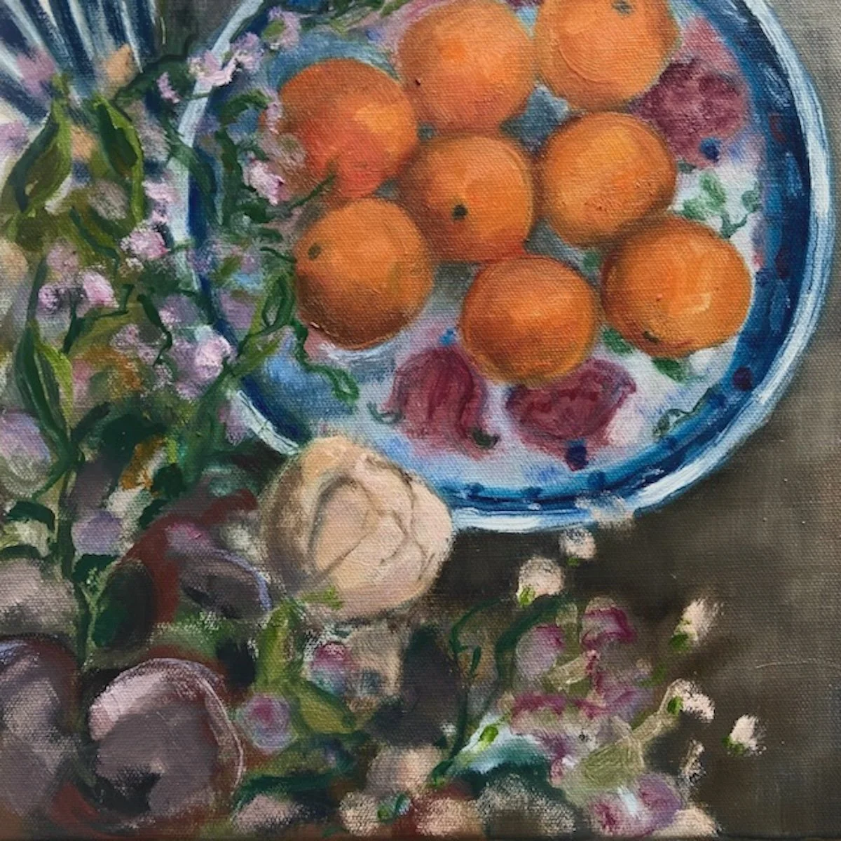 Clementines in the Moroccan bowl, oil on canvas, 30 x 30 framed,. was £350, sale price £280