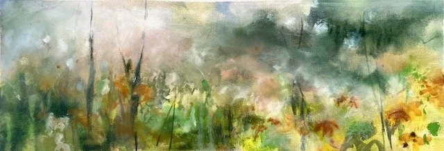 The garden through morning eyes, oil on arches paper framed, 30x70cm