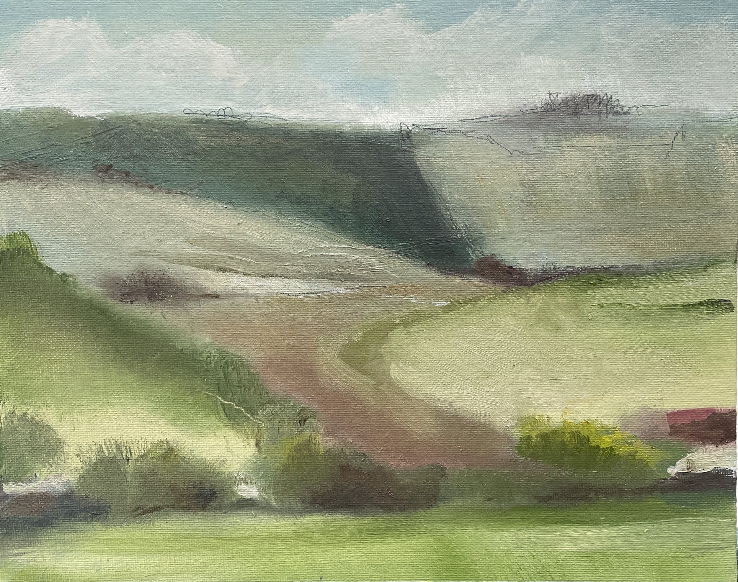 SOLD And all summer, oil on linen card, 25x30cm framed