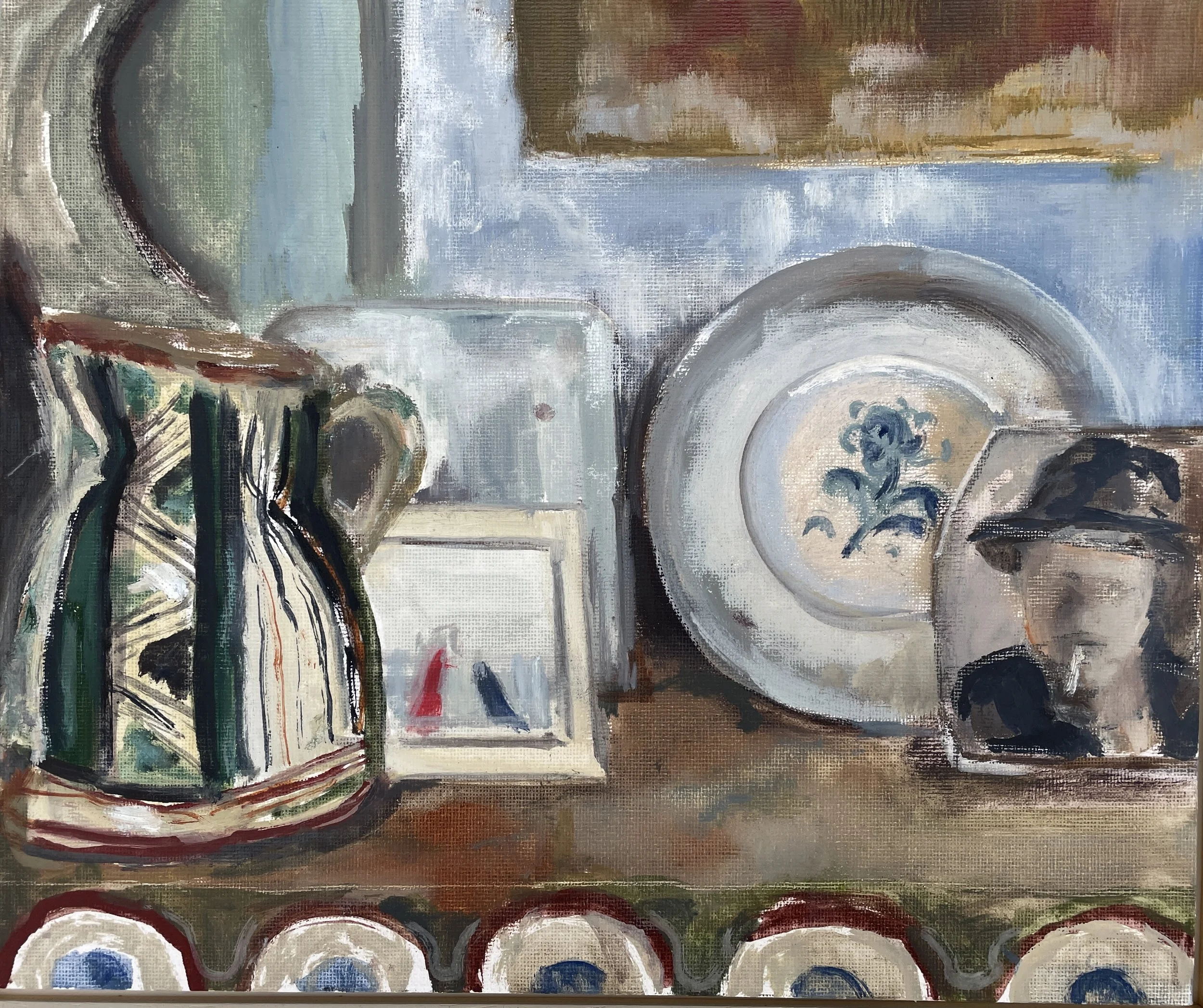 Green stripe jug, Charleston. Oil on board, 25x30cm