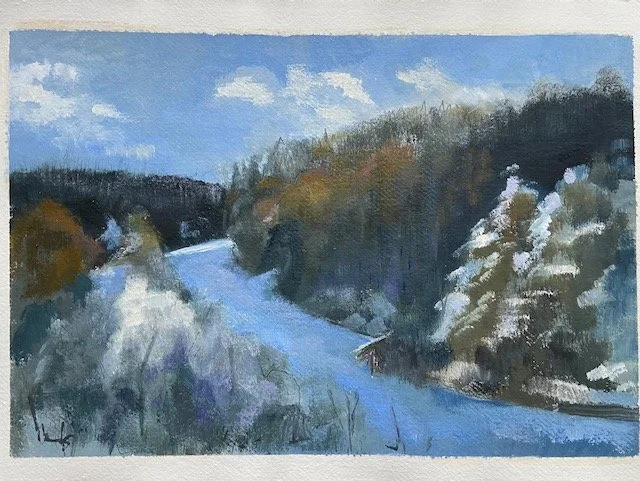 Ski slope, oil on khadi paper, framed 30 x 42cm. Was £400 sale price £290
