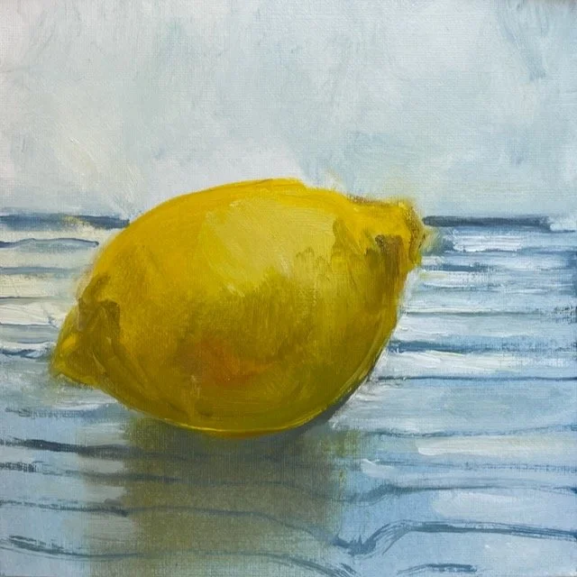 Lemon on striped cloth, oil on canvas framed, 15x15cm, was £150, sale price £90