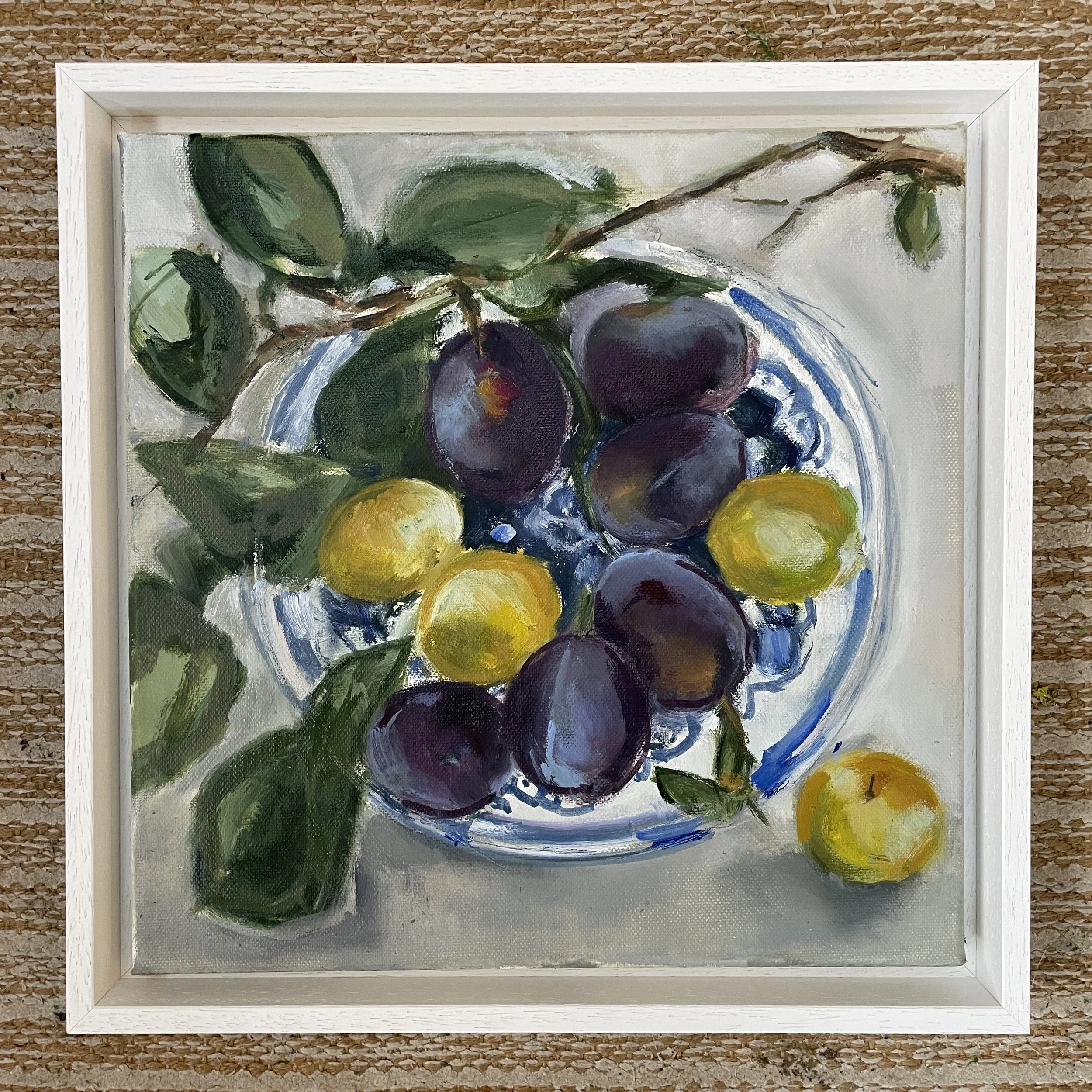 Greengages and plums oil on canvas, framed. 30x30cm