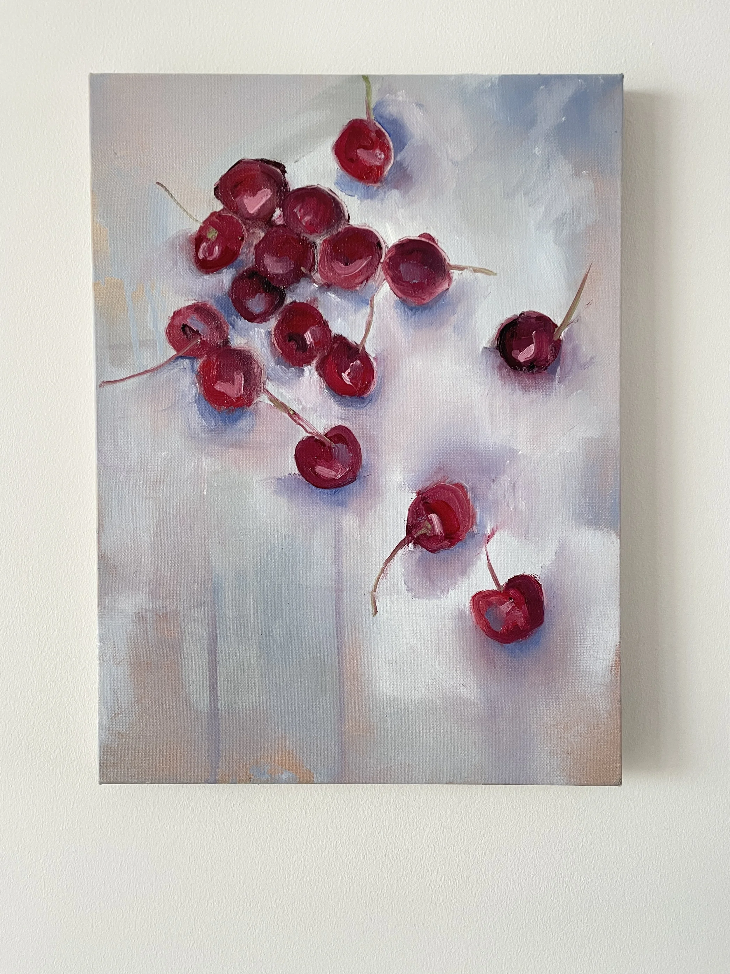 Cherries from the bag, oil on canvas, shown hanging