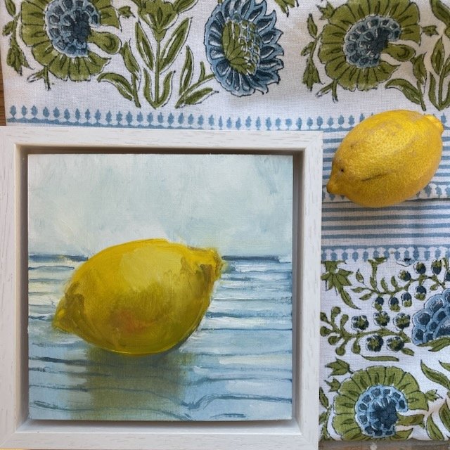 Lemon on striped cloth, oil on canvas framed, 15x15cm, was £150, sale price £90