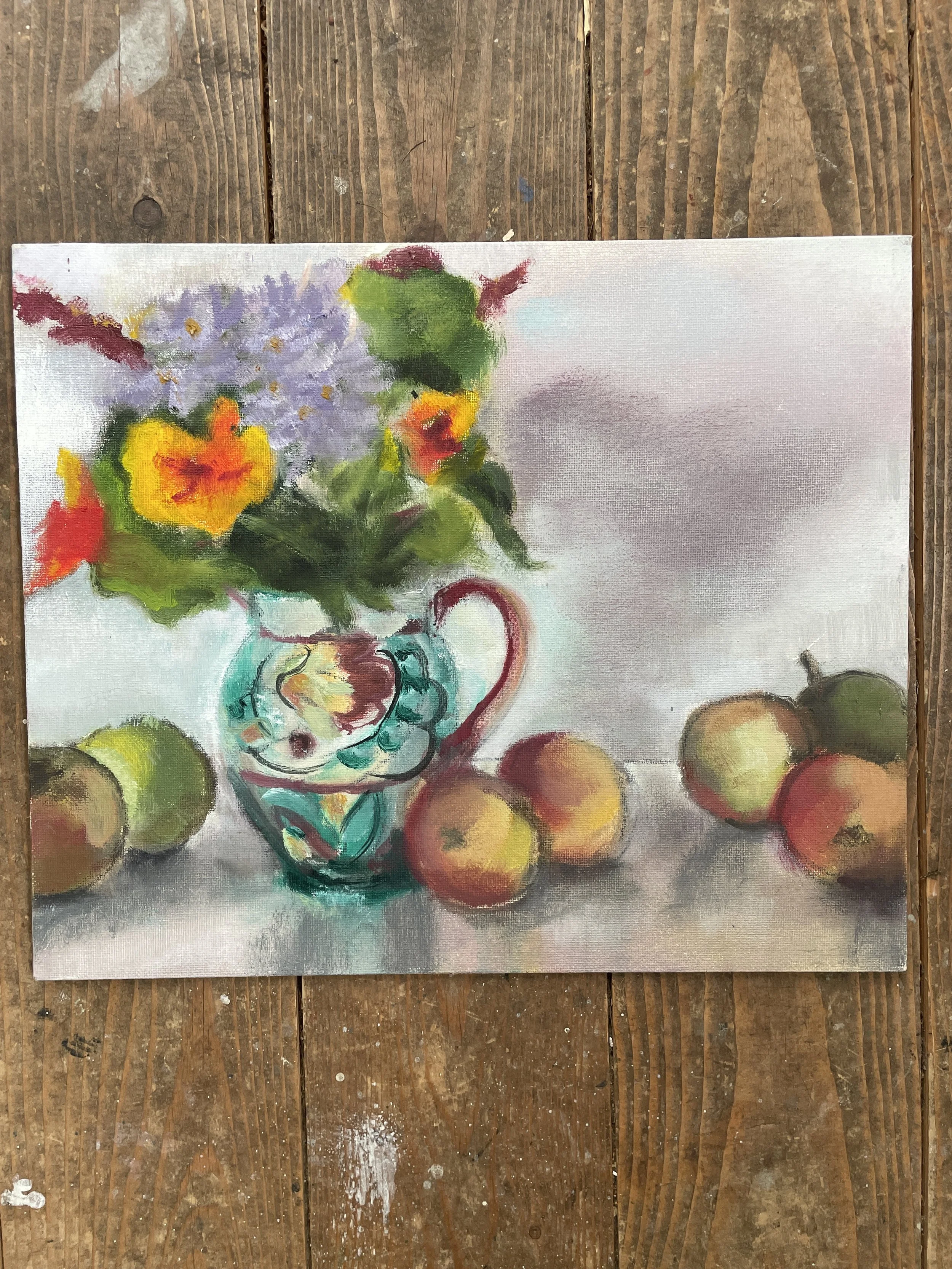 Autumn flowers and windfalls, oil on board, unframed 25x309cm, was £425 sale price £200