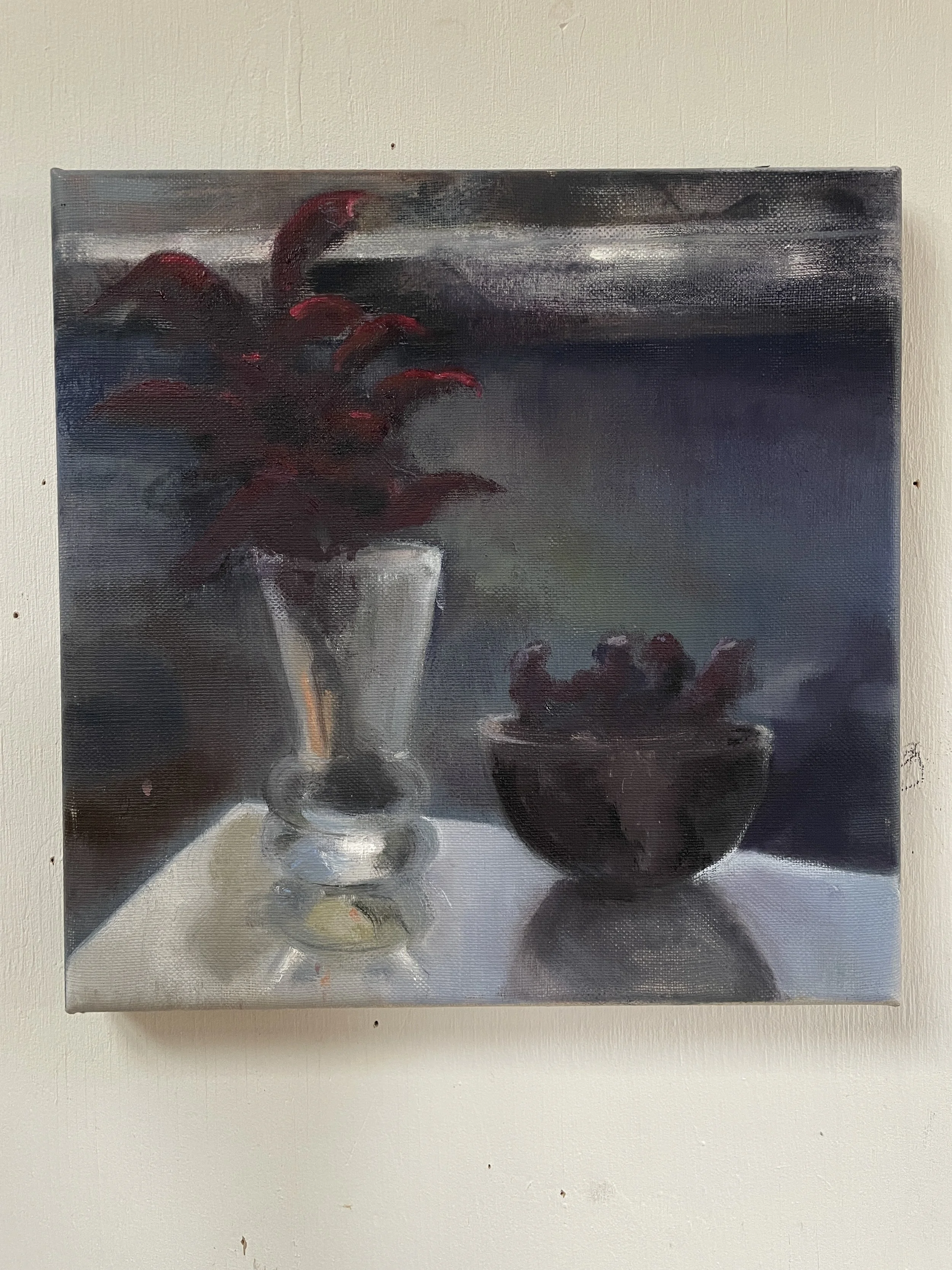 Nocturne with houseplants, oil on canvas 30 x 30cm, unframed. Was £350 sale price £280