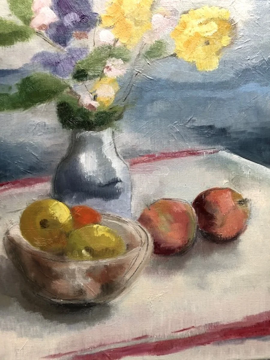 Spring flowers and a favourite bowl, oil on canvas 30x40cm framed was £390 sale price £230