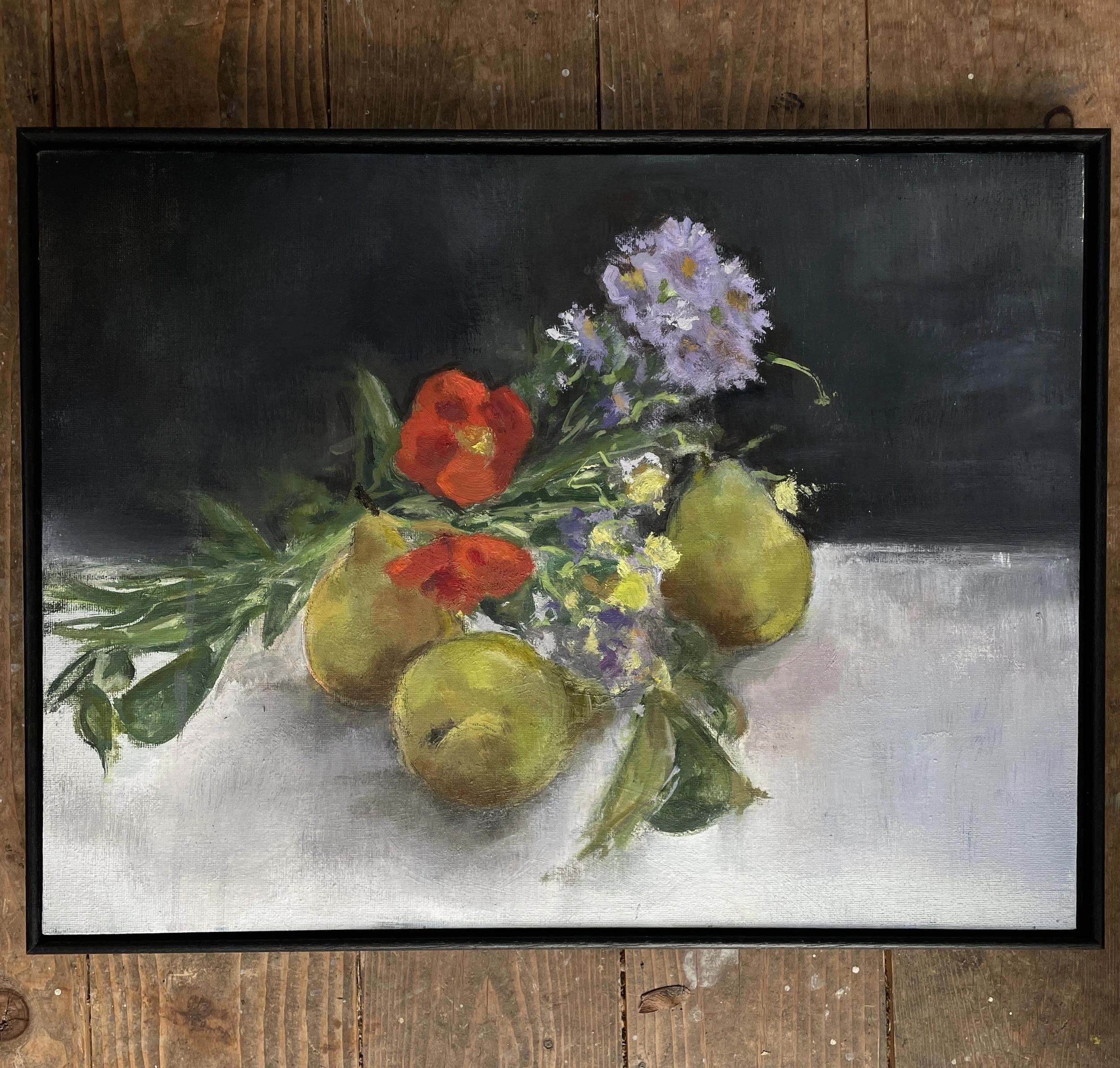 Pears and Michelmas daisies, oil on board, framed,30x40cm