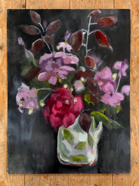 Flowers from a friend's garden, oil on board, framed was £350 sale price £200